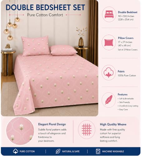 Image of RRC Printed Bedsheet for Double Bed with Pillow Cover, 90 x 100 Inches Floral Double Bedsheet, Bedroom Bedding for Home, Comfortable Bed Sheet, Pillow Cover Size 17 x 27 Inches