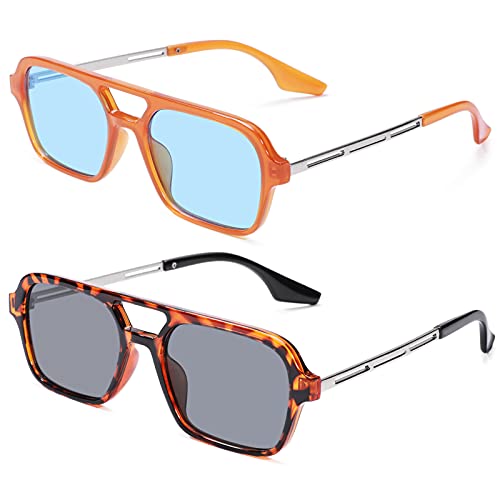 Nulooq Retro 70S Flat Aviator Sunglasses For Women Men, Vintage Square Small Frame Shades Driving Uv400 Protection (Leopard/Gray + Orange/Blue) - 2 Pack #TOP10
