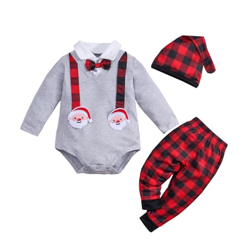 Benshukam 3PCS Baby Santa Christmas Cotton Bodysuit + Pants + Hat Outfits Newborn Xmas Long Sleeve Romper Winter Clothes