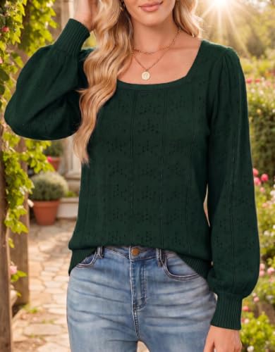 Image of HOTOUCH Sweaters for Women 2026 Fall Trendy Tops Casual Puff Sleeve Square Neck Cute Tunic Pullover Blouses XS-XXL