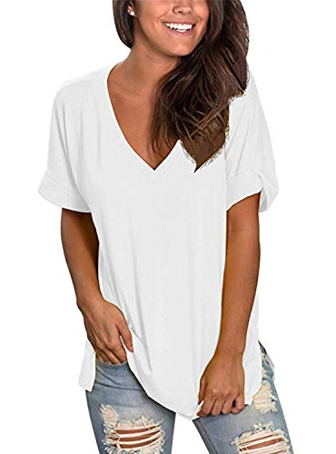 Voqeen Womens Short Sleeve T-Shirt V Neck Basic Summer Tee Tops Ladies Solid Casual Loose Shirts White