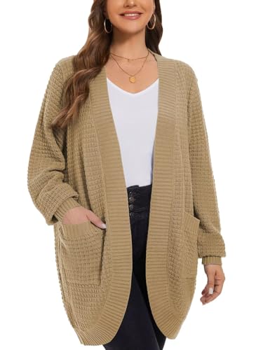 Image of LARACE Long Cardigans for Women Plus Size Tops Open Front Sweaters with Pockets Waffle Ribbed Sleeve Loose Fall Outwear