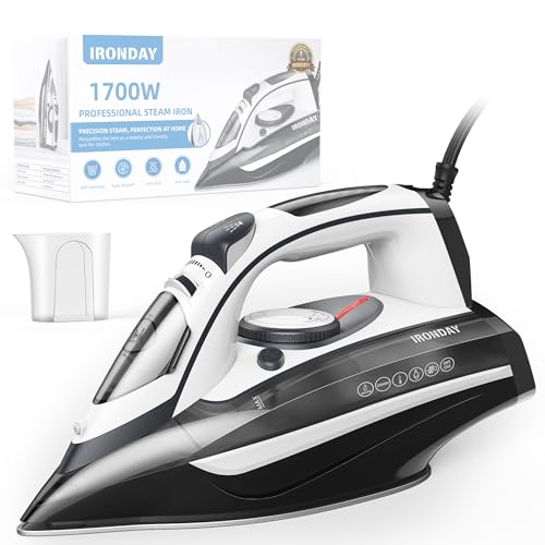 Steam Iron for Clothes Rapid Heating, 1700W Iron with Non-Stick Ceramic Soleplate, 3-Way Auto-Off, Burst of Steam, Self-Cleaning, 14.07oz Water Tank Ironing Clothes for Home, Grey