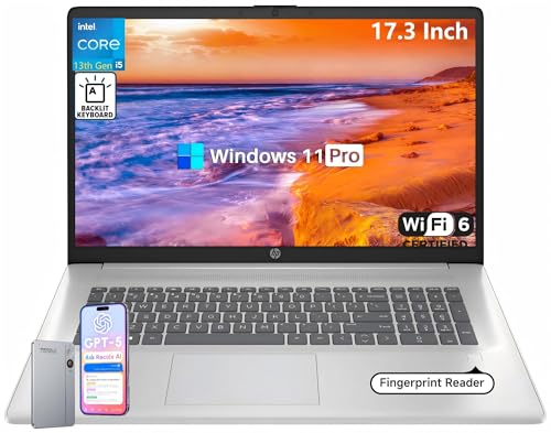 Image of HP 17 Inch Laptop Computer, 17.3 inch HD+ Display, Intel i5-1334U (10 Cores, Up to 4.6 GHz), 16 GB RAM, 512 GB SSD, Backlit Keyboard, Fingerprint Reader, Wi-Fi 6, Windows 11 Pro for Business & Students