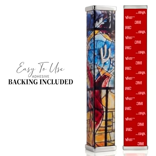 Image of SURI Mezuzah with Scroll for Door | 4 Inch Modern Aluminum Mezuzah Case | Fits 3 Inch Scroll | Gold & Silver Chagall-Inspired Design | Self Adhesive Easy Install | Judaica Jewish Gift