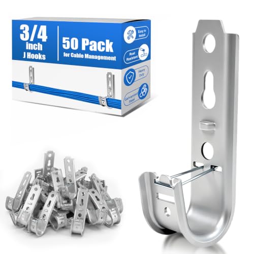 Image of 3 /4 Inch Wall Mount Cable Support J Hooks, 50 Pack with Retainer Clips