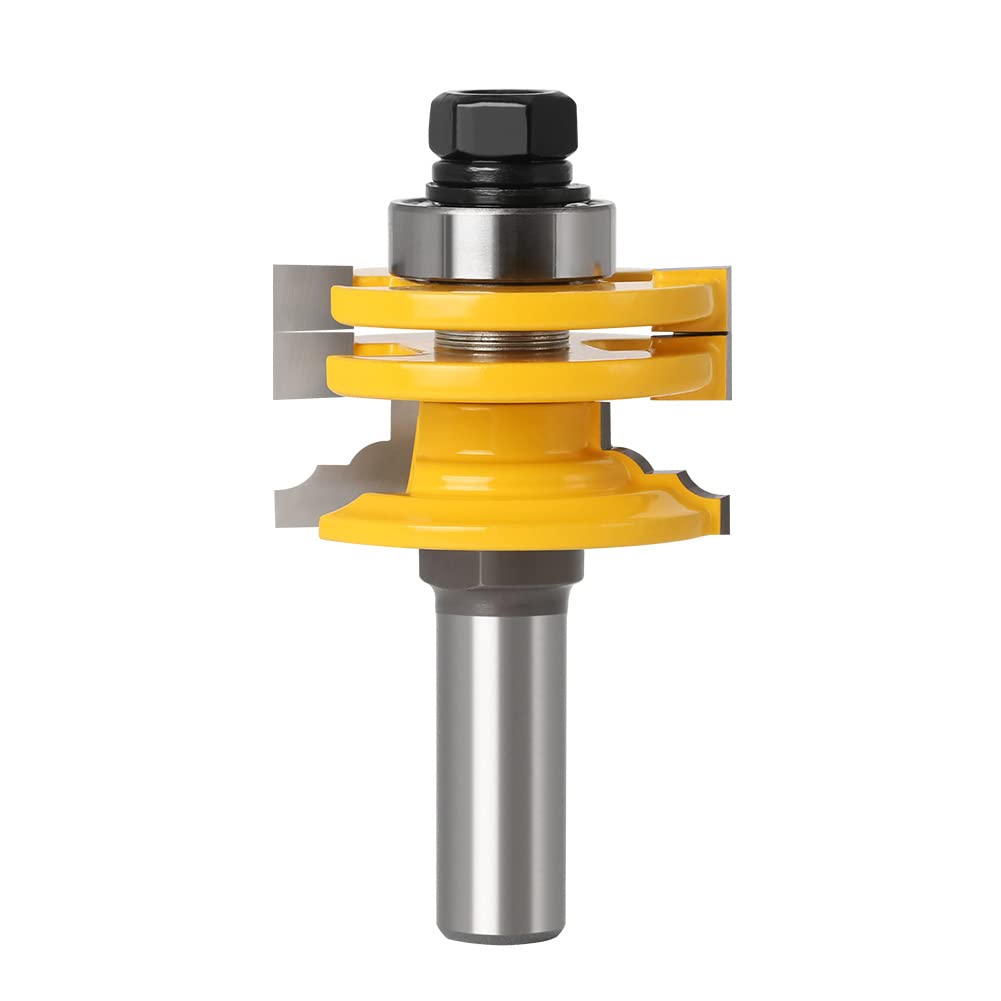 Unifizz Carbide Tongue and Groove Router Bit Tool 1/2 Inch Shank 1-3/4 Inch Bit Dia, 45 Degree Lock Miter Router Bit, Reversible Joint Router Bits Wood Milling Cutter Set, Yellow 1pcs