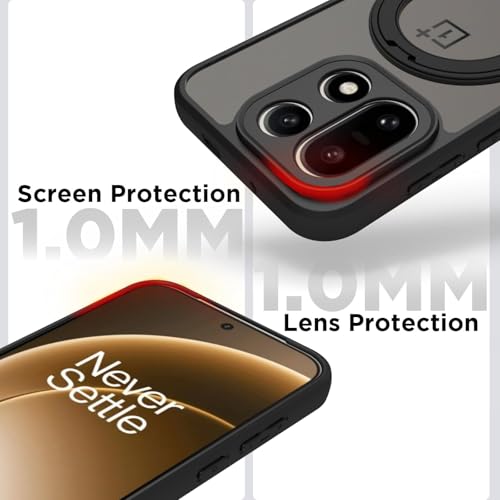 Image of RIGGEAR Shockproof Sleek Hybrid Armor 360 Rotating Magnetic Ring Stand Back Cover Case Compatible with MagSafe Accessories for OnePlus 15 5G (Smoke Matte Black PC + Black TPU Bumper)