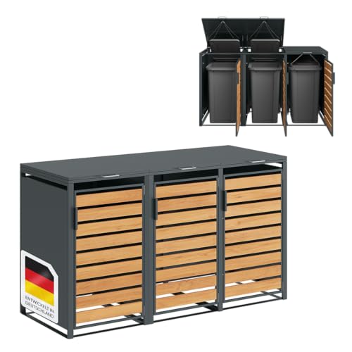 STEELSØN Kestra Mülltonnenbox 3er bis 120L – Mülltonnenverkleidung aus Stahl mit Sichtstreifen in Holzoptik – hochwertige Müllcontainer für 3...