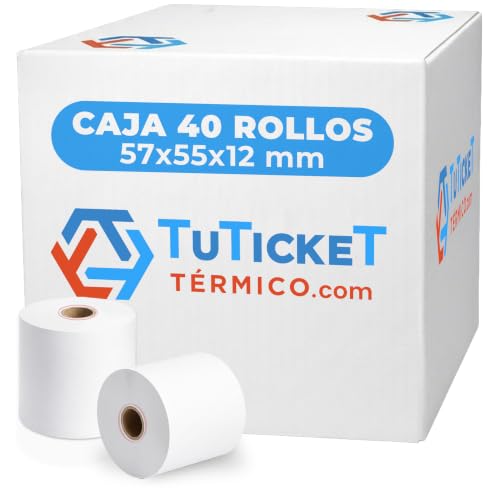 TuTickeT TÉRMICO.com   Rollo de Papel Térmico 57x55x12 mm (40 uds) para Caja Registradora, TPV e Impresora Térmica de Ticket con Salida de 57mm de Ancho. Sin Bisphenol A