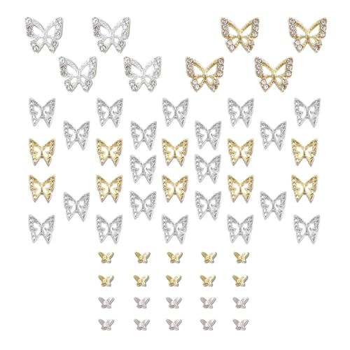Golden & Silver 3D Butterfly Nail Charms - 58pcs Includes 8 Rhinestones & 50 Alloy Studs - DIY Nail Art Crystals & Diamonds Decor Supplies