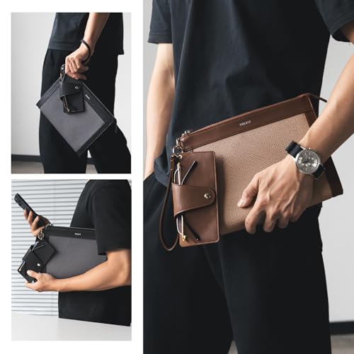 VULKIT Clutch Bag for Men with Removable Glasses Case, Large Mens Wrist Band Wallet, Business Hand Bag, Mocha Beige2