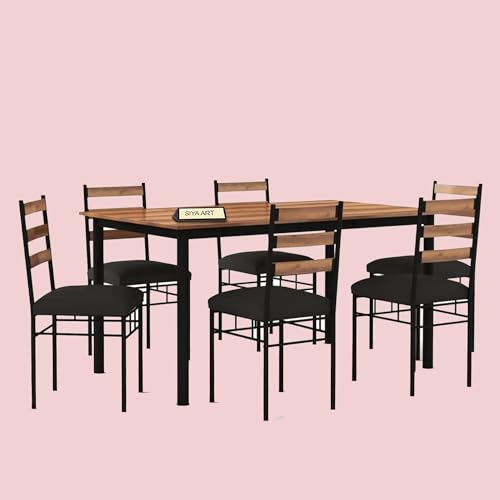 Image of Wooden Top Iron Frame 6 Seater Dining Table with Cushioned Chair for Living Room Home Dining Room Furniture Set (Honey-Black)