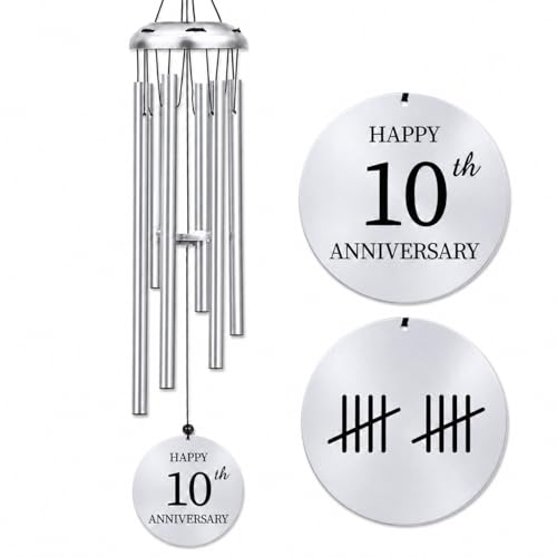 Product Image of the 10th Wedding Anniversary Tin Gift for Couples, Aluminum Wind Chimes for Outside, 10 Years of Marriage Keepsake Decor for Wife, Husband, 26 Inch (10th
