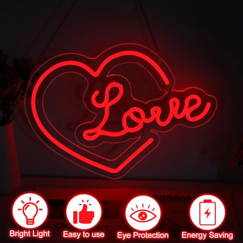 Image of Heart Love Neon Sign, Valentines Day LED Light, USB Powered Dimmable LED Sign for Wall Decoration, Party, Wedding, Bedroom, Living Room, 15.7 inchx11.4 inch
