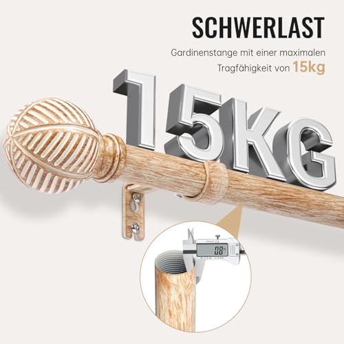 DEFYNEE Gardinenstange 76-152 cm | Metall mit Holzoptik, Ø 25 mm | Vorhangstange Ausziehbare Wand- & Deckenmontage | Für Wohnzimmer, Schlafzimmer, Terrasse - Hellbraun