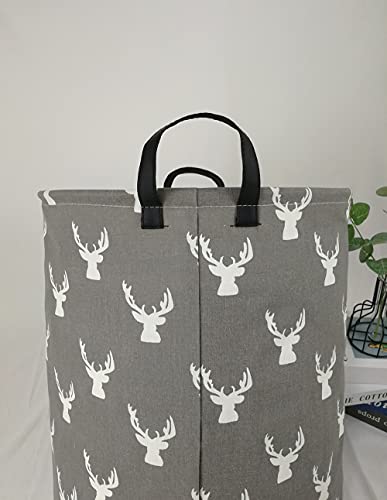 Image of Kids Laundry Hamper Clothes Gift Basket Storage Laundry Baskets Organizer Bin with Handles for Nursery Room (Grey deer)