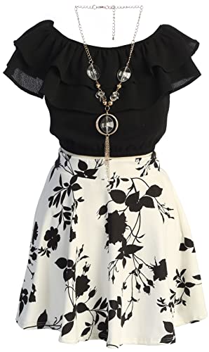 Image of Cold Shoulder Crop Top Ruffle Layered Top Flower Girl Skirt Sets for Girl