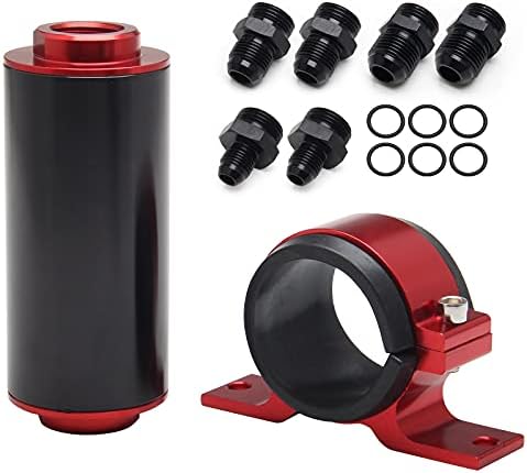 HTRACING Inline Fuel Filter Kit 6AN 8AN 10AN Adapters 50mm 100 Micron Flow with Fuel Pump Filter Bracket, for Gasoline E85 Ethanol Fuel and Diesel for 3/8, 1/2, 5/8 Fuel Hose Line Universal Red