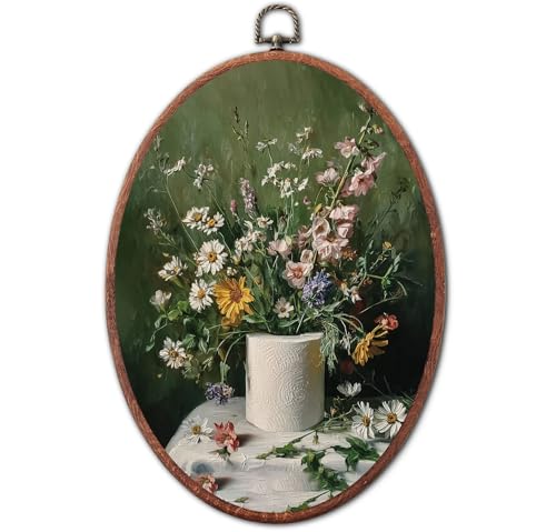 XSTWLJ Vintage Wildflowers Wall Art Decor, Whimsical Toilet Paper Vase Floral Canvas Art Framed, Cottagecore Farmhouse Oval Wall Hanging Decorations for Home Bedroom Living Room Decor, 8.6x11.4in
