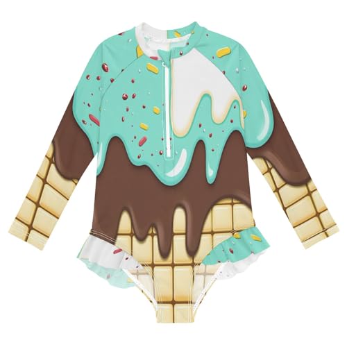 CaTaKu Girls One Piece Swimsuit Cute Ice Cream Waffle Toddler Bathing Suit Long Sleeve UPF 50+ Rash Guard Swimwear 3-12Y