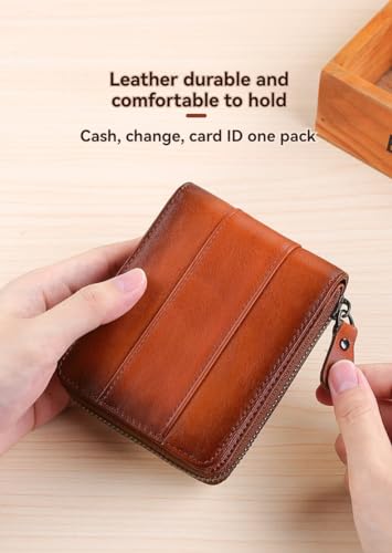 Mens Genuine Leather Zipper Wallet RFID Secure Large Capacity Double Fold Multi-card Leather Wallets for Men and coin purse,Brown2