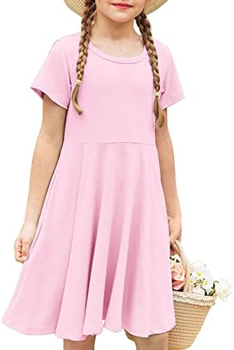 Arshiner Little Girls Short Sleeve A Line Casual Skater Dress 130(Age for 8-9Y) Pink