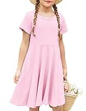 Arshiner Little Girls Short Sleeve A Line Casual Skater Dress 130(Age for 8-9Y) Pink