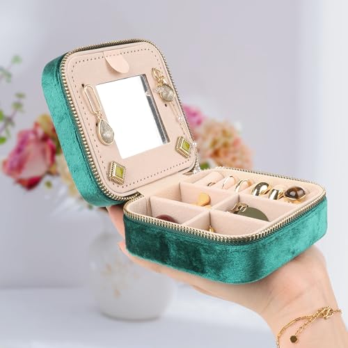Image of Plush Velvet Travel Jewelry Box,Case,Organizer with Mirror,Green,1 Pcs