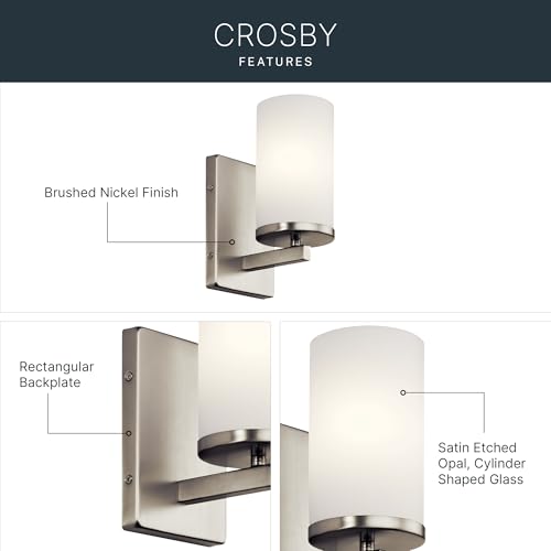 Image of Kichler Crosby 9.25 inch Wall Sconce in Brushed Nickel, 1-Light Contemporary Hallway or Bathroom Light with Satin Etched Cased Opal Glass, (9.25 inch H x 4.5 inch W), 45495NI