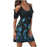 Sommer Kleider Damen Kurzarm Sexy Cold Shoulder Mini Kleid Strandkleid Blumendruck Spaghetti Strap U-Ausschnitt Kurzes Kleid Sommerkleid Partykleid