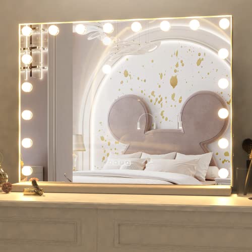 CASSILANDO Hollywood Vanity Mirror Bluetooth Speaker and Lights, Makeup Mirror, Large Vanity Lighted Mirror with 18 LED Bulbs for Bedroom, 3 Color Modes, USB Port, Tabletop or Wall-Mounted, 80x58cm