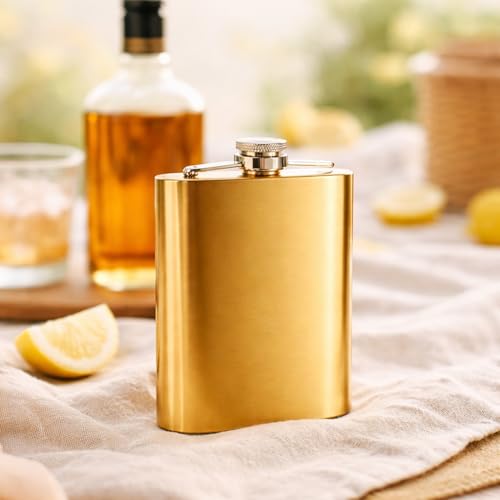 Image of Hip Flask with Peg Messurer Wine Flask Gift Set for Men & Women Stainless Steel (60ML+30ML Peg Messurer + Whiskey Flask) (Golden)