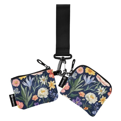Monedero doble con diseño de flores de primavera, color azul marino, para mujer, monedero de moda con bolsillo con cremallera para mujeres y niñas, 2 piezas, Flores de primavera, azul marino, 1 size