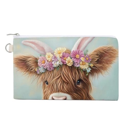 Highland Cow Easter Eggs Coin Purse Canvas Change Pouch Portable Pocket Wallet Mini Storage Bag with Zippered Keychain