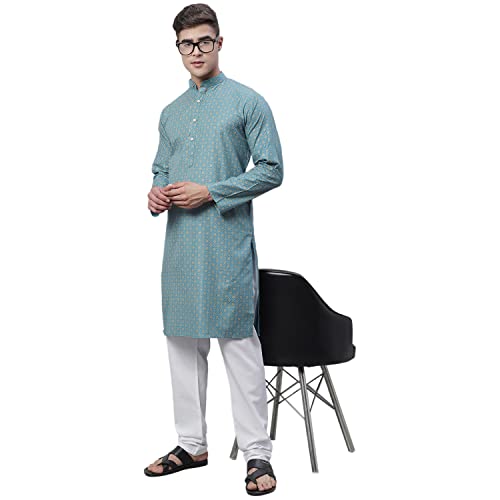 Image of SOJANYA (Since 1958 Men's Cotton Linen Blue Foil Printed Kurta and White Pyjama Set