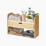 KAOTGOT Wood Bookcase Desktop Bookshelf with Drawer Office Desk Shelf Organizer Wooden Table Top Organization for Home