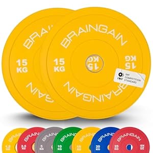 BRAINGAIN Olympic Bumper Plates PAIR 1.5kg 2.5kg 5kg 10kg 15kg 20kg 25kg 100kg 150kg 2″ Solid Rubber Weight Plates for Barbell Strength Training and Weight Lifting