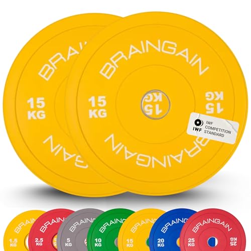 BRAINGAIN Olympic Bumper Plates PAIR 1.5kg 2.5kg 5kg 10kg 15kg 20kg 25kg 100kg 150kg 2″ Solid Rubber Weight Plates for Barbell Strength Training and Weight Lifting