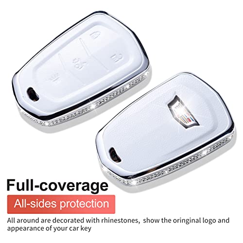 SHANGHONG for Cadillac Key Fob Cover with Keychain, Leather Crystal Key Case Protector Compatible with Cadillac Escalade CTS SRX XT5 ATS STS CT6 5-Buttons Remote Start, White by SHANGHONG - Used condition - Image 3