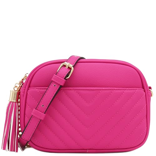 Image of FashionPuzzle Chevron Quilted Crossbody Camera Bag with Chain Strap and Tassel