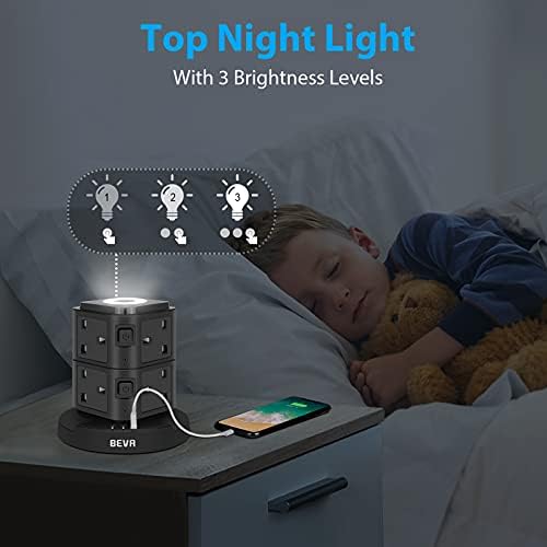 Tower Extension Lead 3M, BEVA 8 Way Multi Plug Extension with 3 USB Slots 3M Extension Cable, UK Power Strip with Night Light, Switched Extension Tower for Home Office-Black