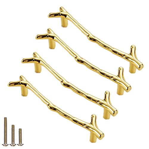 ESreake 4PCS Branch Knobs Vintage Tree Twig Branch Cabinet Knobs Pull Handles,3.8" CC Zinc Alloy Drawer Handle for Farmhouse Cabin Mountain House Kitchen Cupboard (4 Pack, Hole Distance 3.8", Gold)