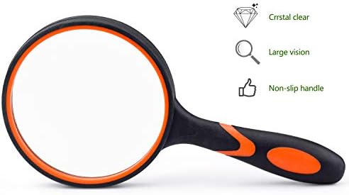Demason Large Magnifying Glass 5X, 100 mm Handheld Reading Magnifier with Rubber Handle, Real Glass Magnifying Lens for Reading, Hobby Observation