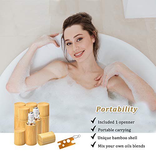 AUHOKY 12Pcs Bamboo Roll on Bottles for Essential Oils, Portable Massage Oil Bottle with Stainless Steel Roller Ball, Reusable Travel Perfumes Sample Lip Gloss Container (1 Opener) (5ML)3