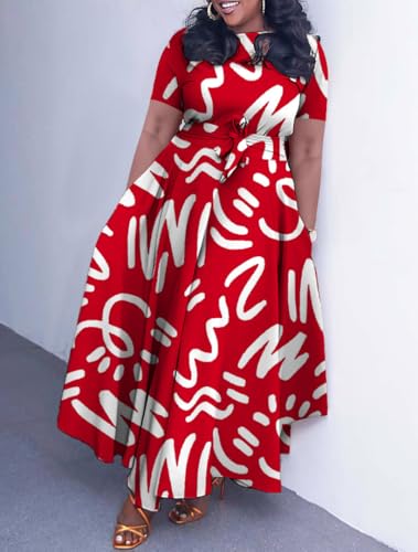 Image of Hostoyo Women Plus Size Formal A Line Maxi Dress Self Tie Waist with Pockets Elegant Round Neck Swing Long Dresses