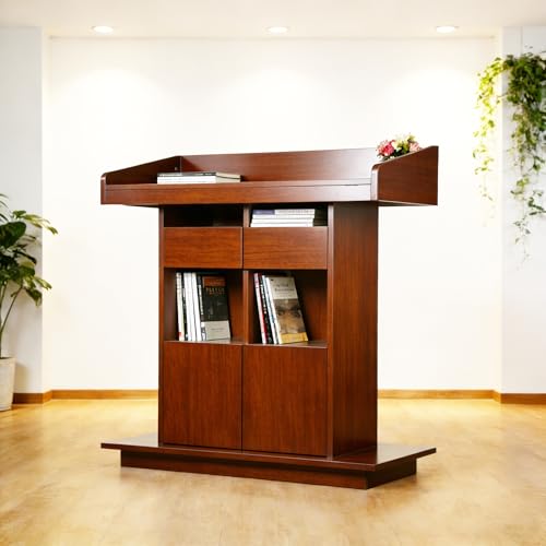 Wooden Podium Stand with Wheels, Adjustable Portable Lectern for Churches, Schools, Conference Rooms (Dark Walnut)