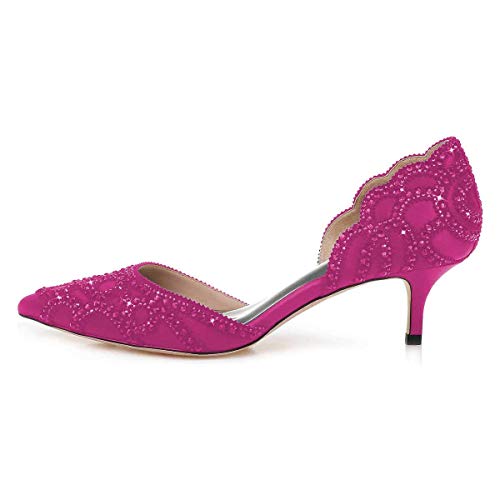 Image of XYD Women's Pumps, Elegant Pointed Toe, D'Orsay Kitten Low Heels, Rhinestone Studs, Slip-On Satin Shoes for Wedding