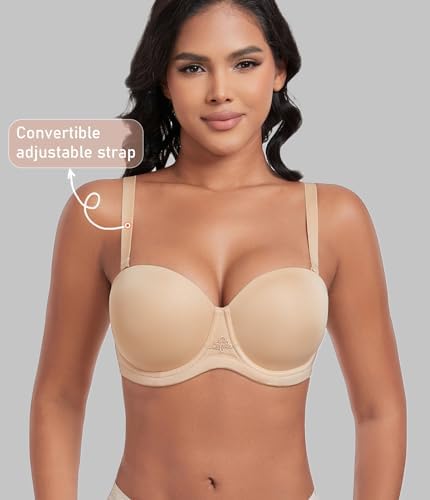 DotVol Reggiseno Senza Spalline Push-Up Con Coppe Sagomate E Pizzo – Beige, Taglia 5C, Con Spalline Rimovibili E Antiscivolo - 2