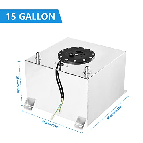 15 Gallon Fuel Cell 60L Universal Gas Tank with Level Sender & 6AN 12FT Fuel Line Kit,Aluminum Polished Racing Street Drift Strip Fuel Tank with Quick Release Fuel Cap,Silver